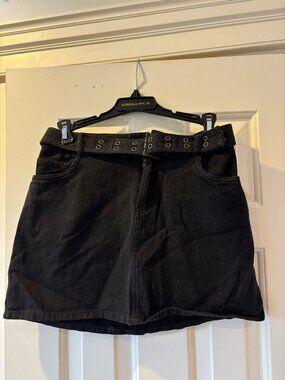 Black Denim Belted Mini Skirt